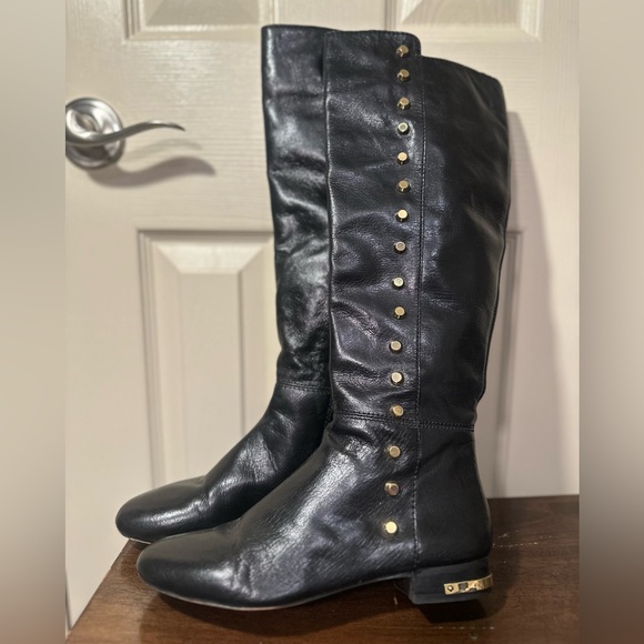 ♦️ Michael Kors Black knee high leather boots with gold studs size 5.5 - Picture 10 of 16